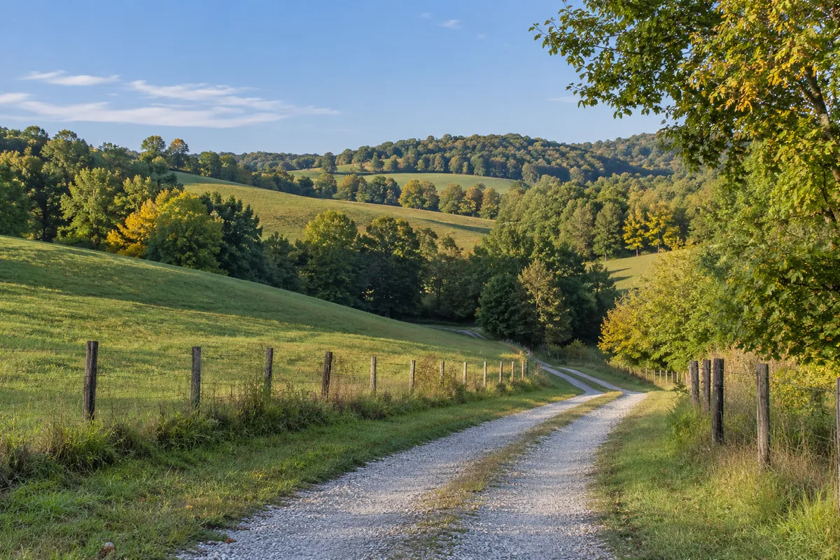 Gravel lane between fenced pasture and a wooded hollow