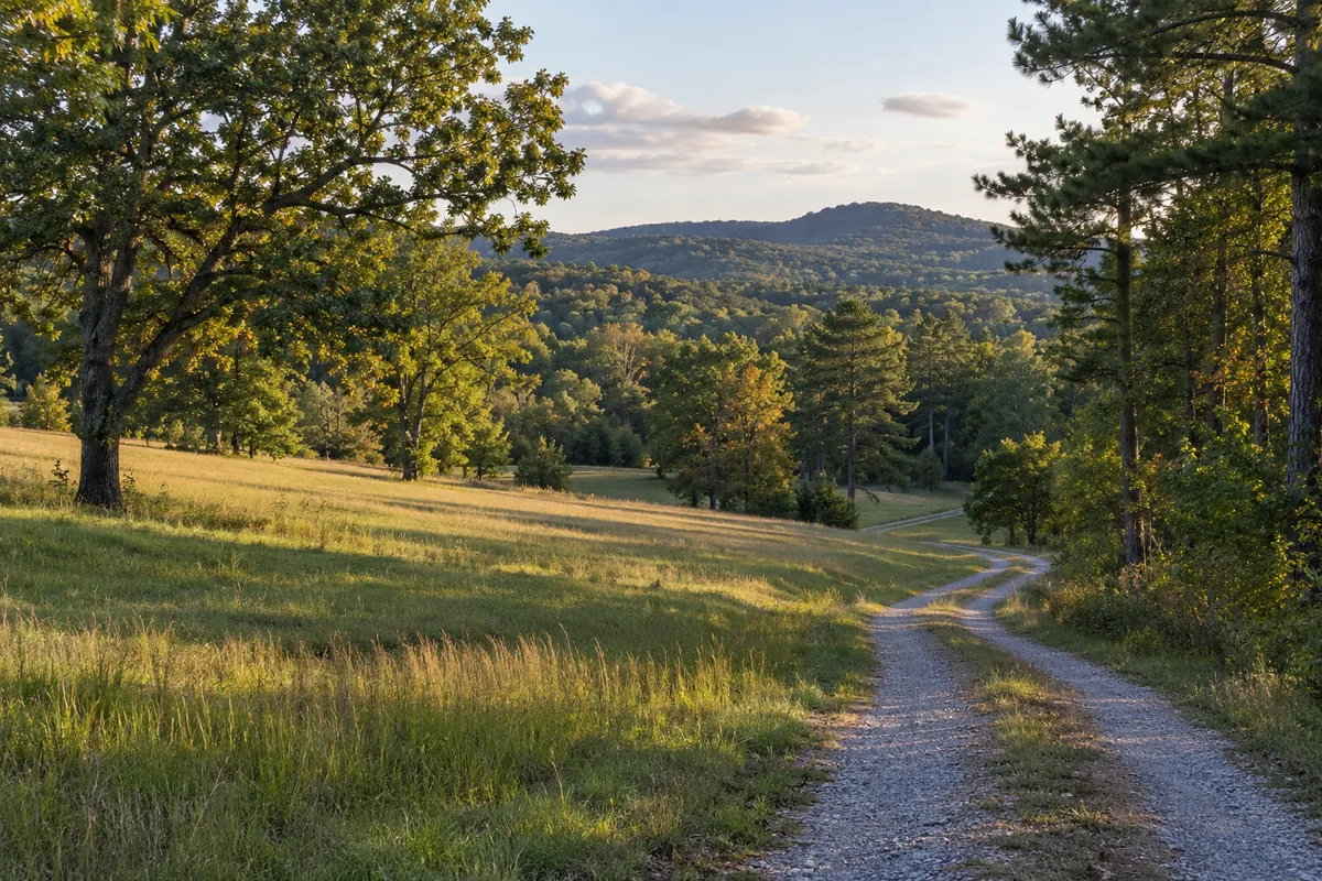 Gravel lane through rolling pasture with oaks, pines and wooded hills