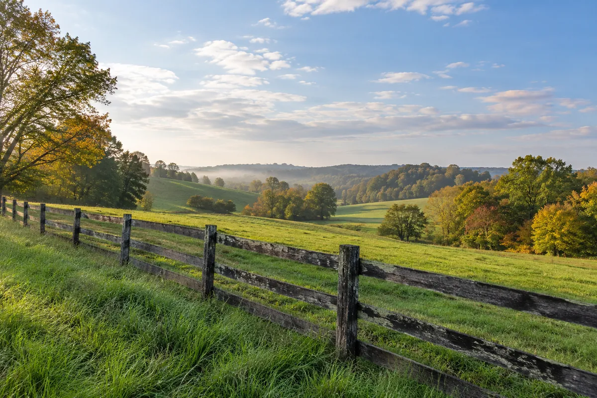 Rolling pasture beside a farm fence with a leafy tree line in the distance