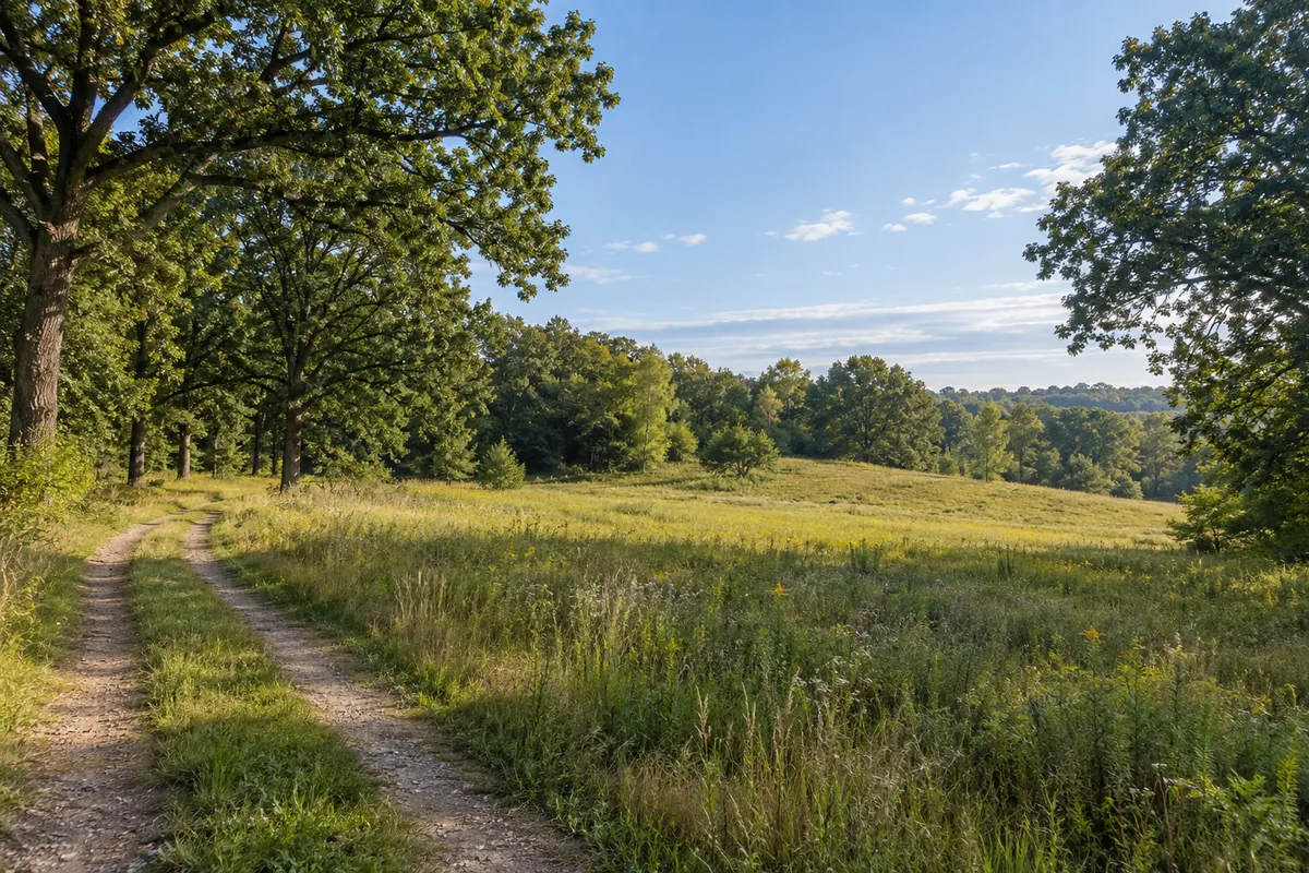 Grassy clearing framed by mature oak trees with an unpaved track in southeast Michigan countryside