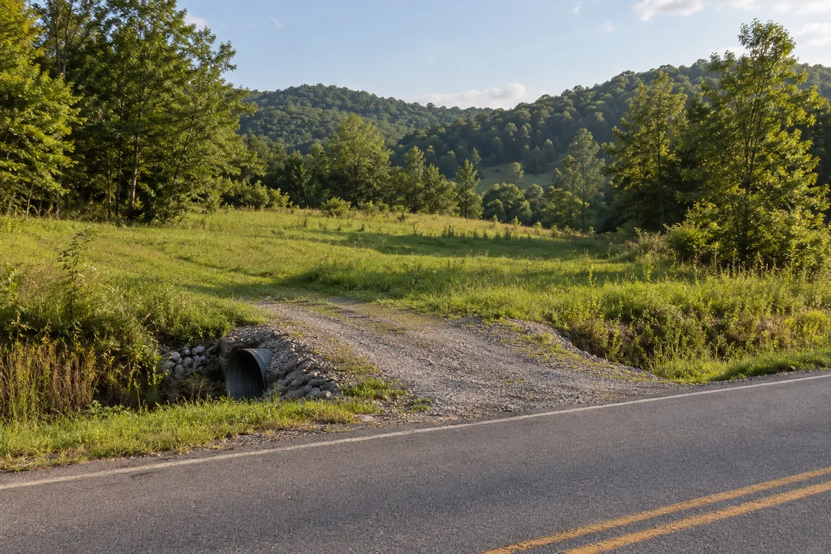 Gravel entrance from a paved road into open ground below wooded hills