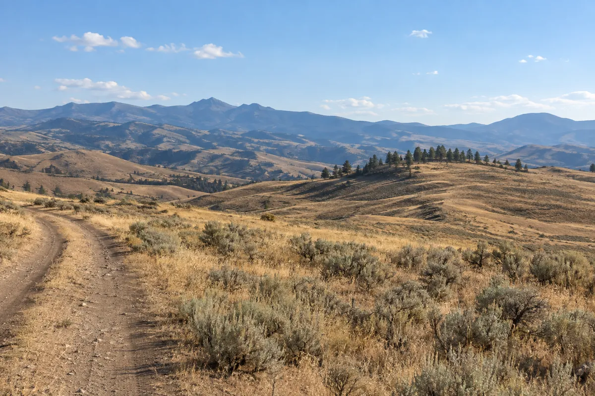 Golden grass, scattered shrubs and a dirt track across dry foothills