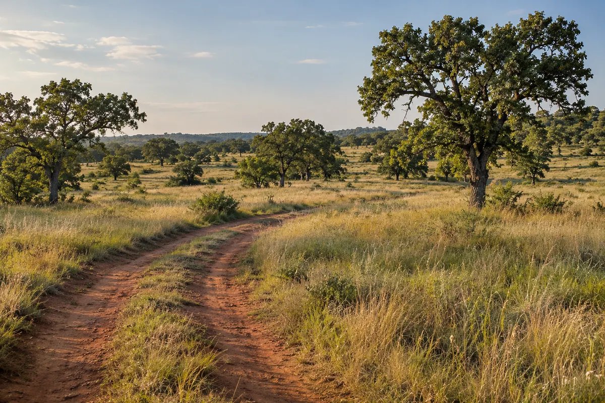 Red dirt track through open grassland and oak trees in Oklahoma