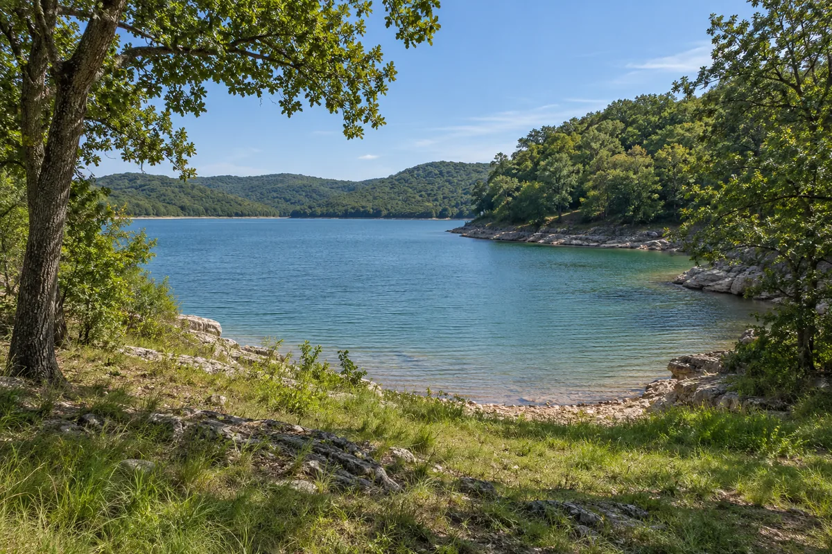 A quiet lake cove bordered by oak trees and a rocky, grassy shore