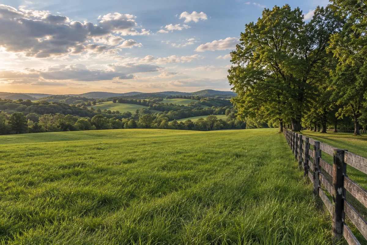 Broad green Kentucky field with a weathered wooden fence and gentle wooded hills