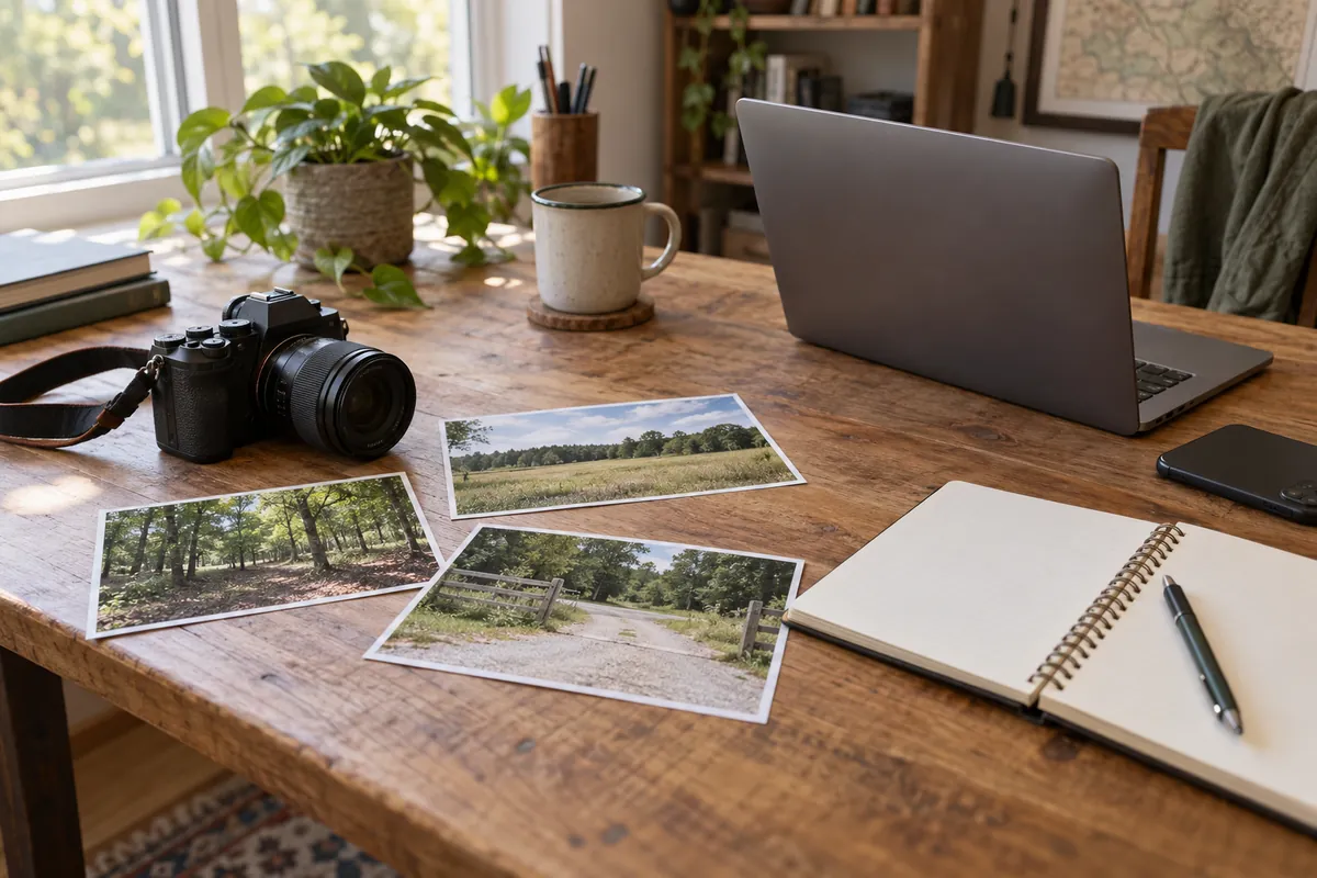 Laptop, camera, notebook and land photos arranged on a wooden desk
