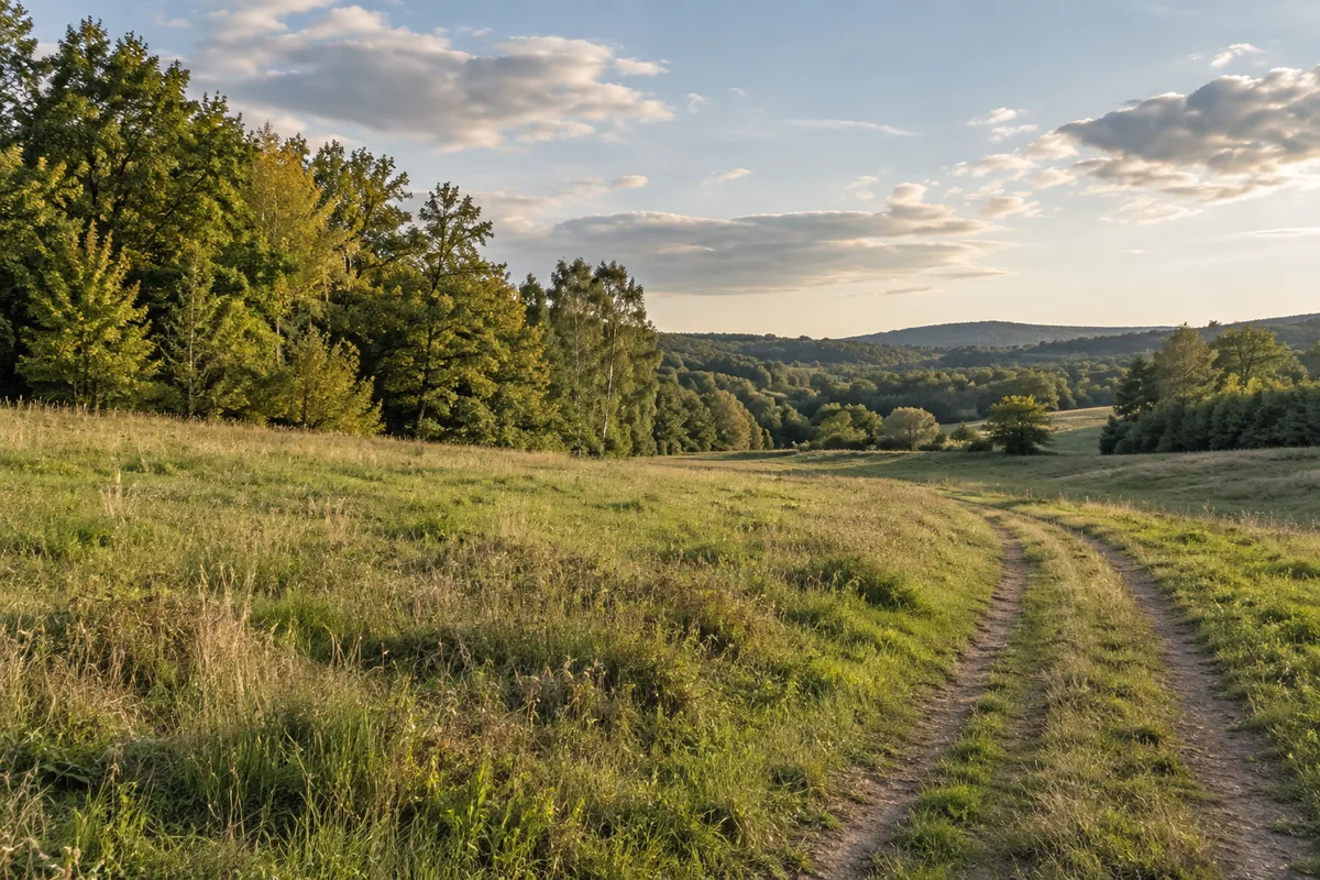 Open grassy land beside a tree line and an unpaved track