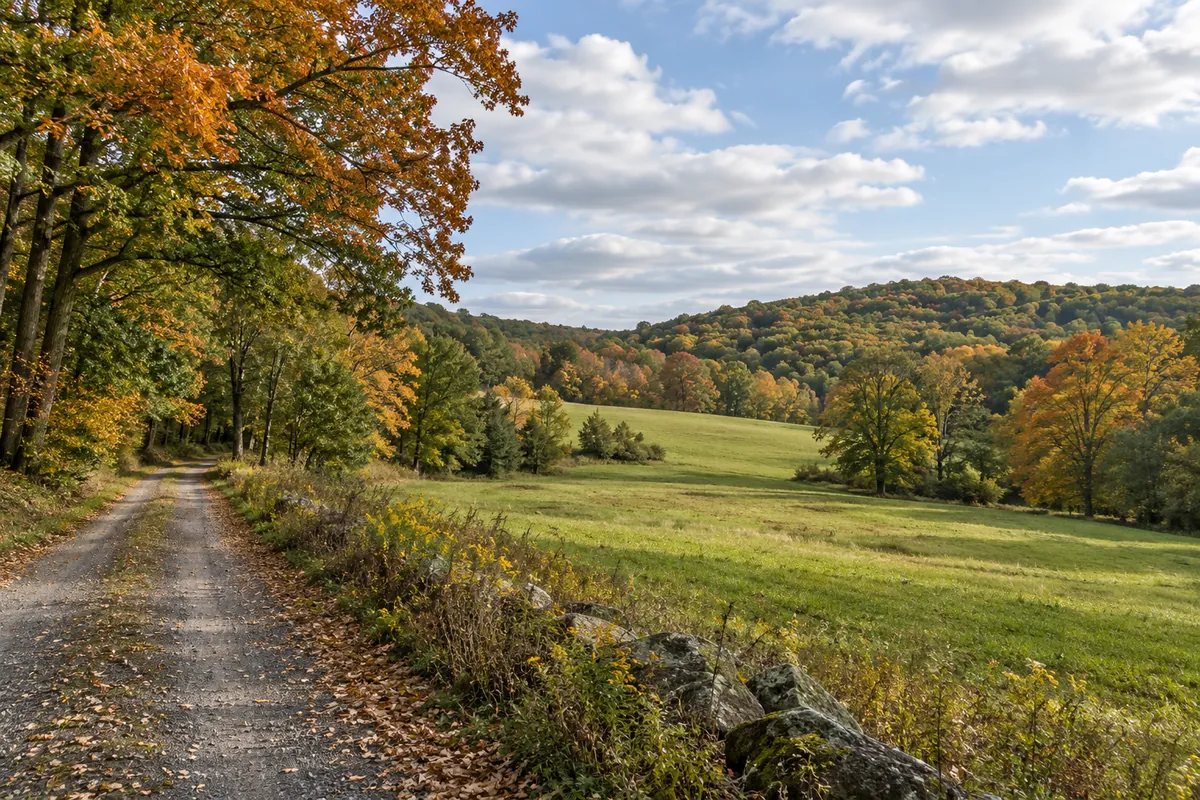 A gravel lane beside an open meadow and low hills covered with autumn trees