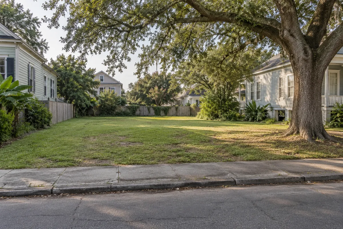 Empty grassy lot beside a live oak and modest raised homes