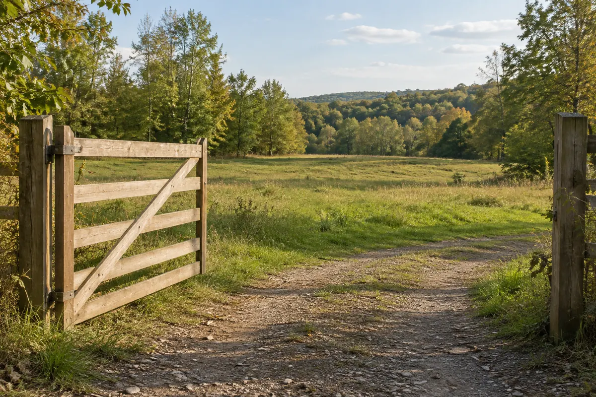 An open wooden gate and unpaved entrance leading into grassy land