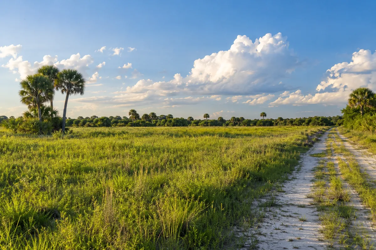 South Florida grassy field with palms and a sandy track under a cloudy blue sky