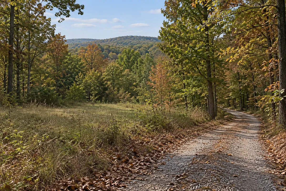 A small grassy opening and gravel lane on a low ridge surrounded by autumn hardwood woods