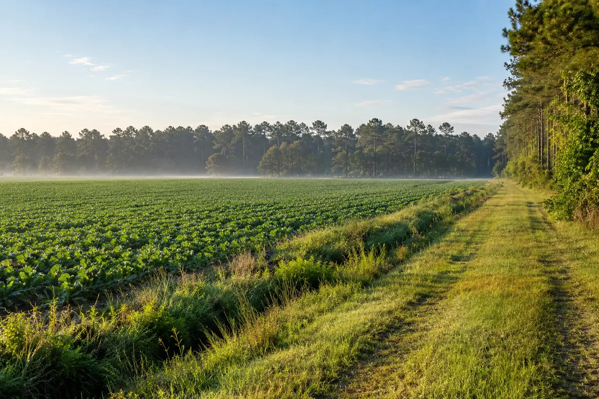 A grassy lane along a field bordered by pine trees