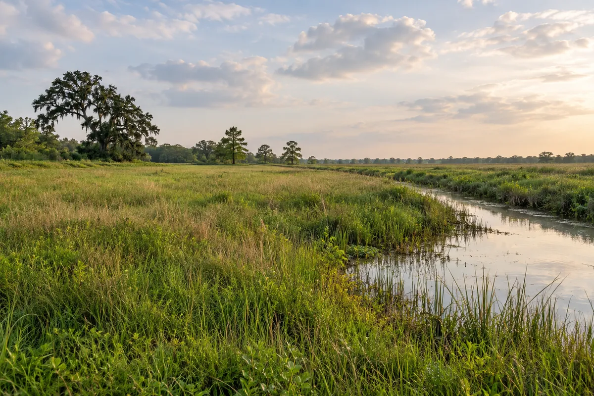 Flat Louisiana grassland beside reed-lined water with trees on the horizon