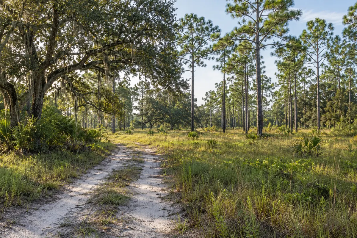 Pine trees and an oak beside a sandy lane in a Florida landscape