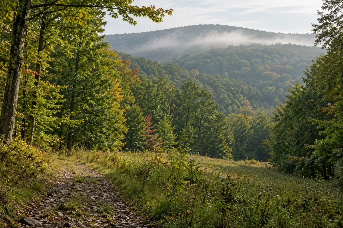 Small grassy opening with a stony track among Pennsylvania hardwood trees and rounded wooded ridges