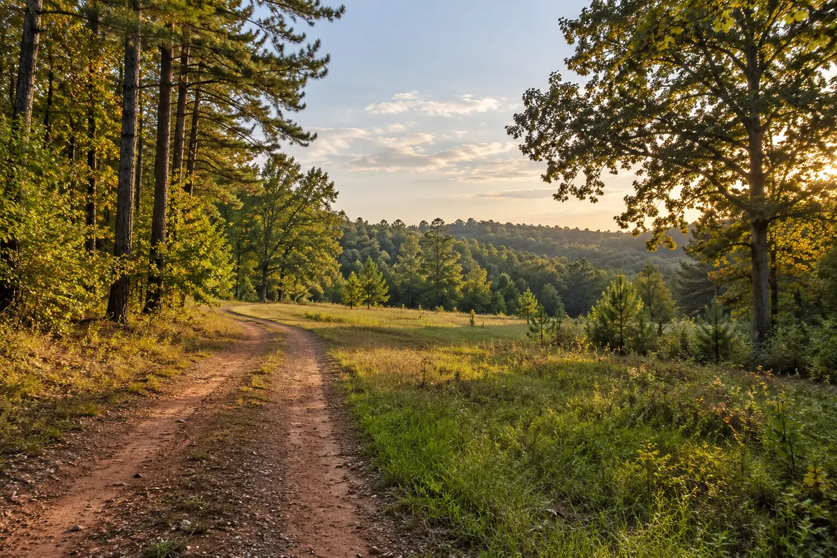 Grassy clearing beside pine and oak trees with a dirt lane
