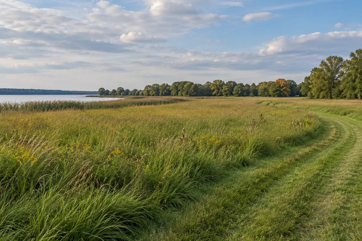 Flat meadow with a mown track, distant trees and calm water behind reeds on Maryland’s Eastern Shore