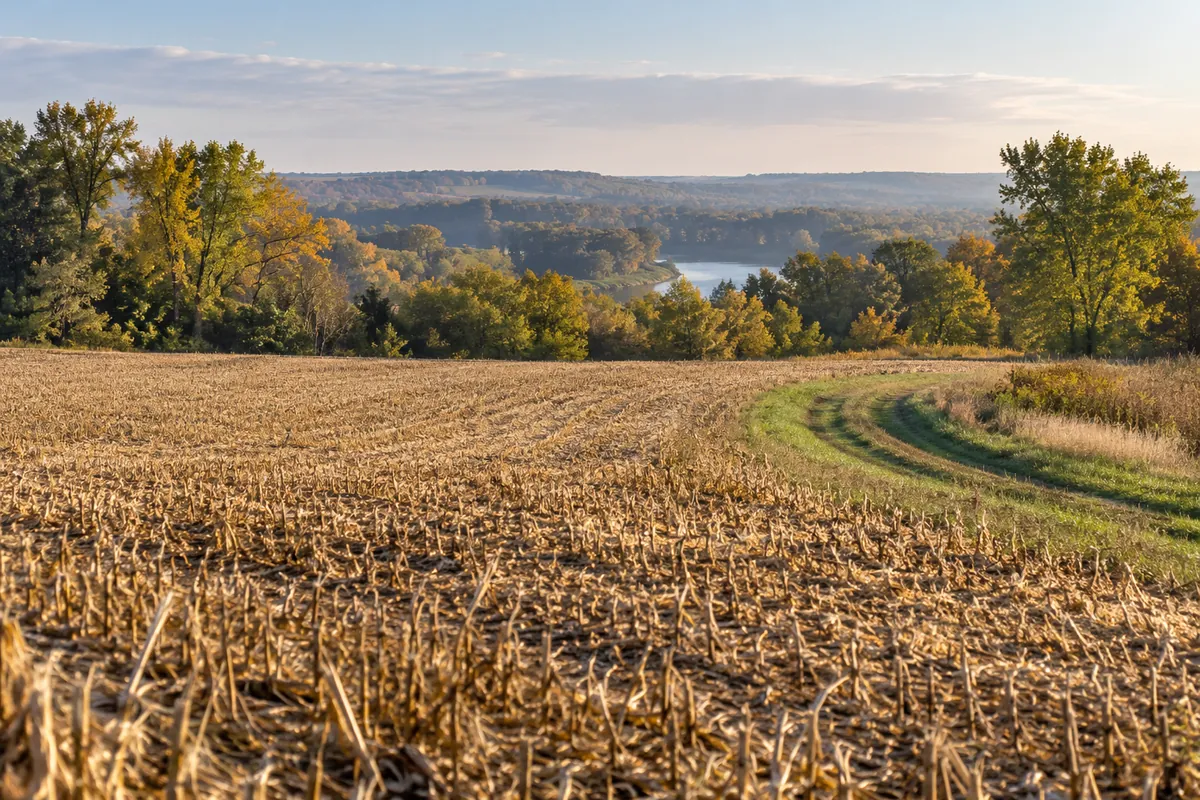 Harvested fields and a grassy track above a wooded valley in Minnesota