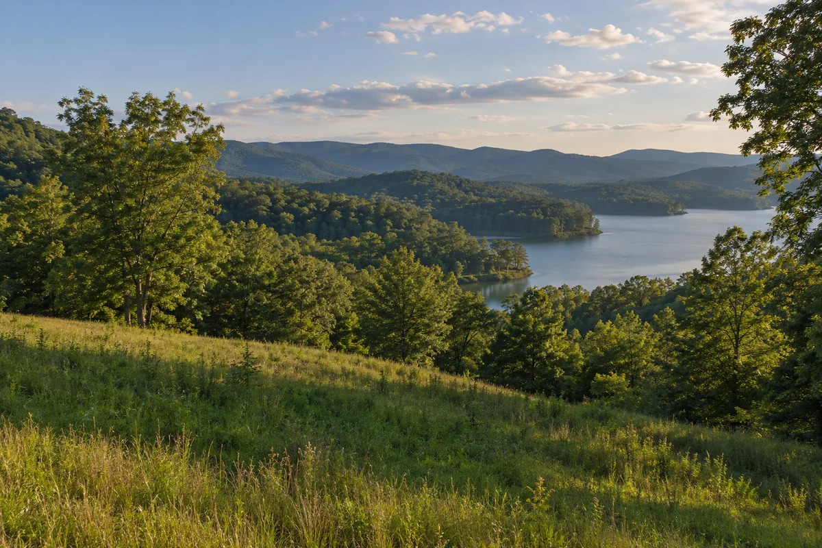 Grassy hillside above a lake cove bordered by leafy woods