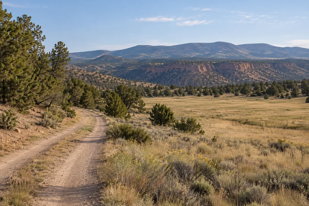 Unpaved lane beside a northern New Mexico meadow with scattered junipers and reddish foothills