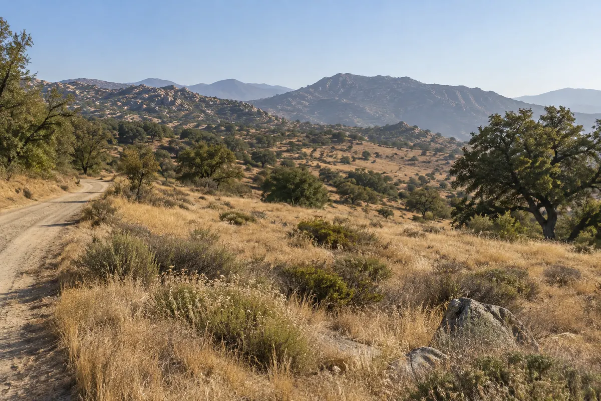 Dry golden grass and low shrubs beside an unpaved lane with hazy foothills beyond