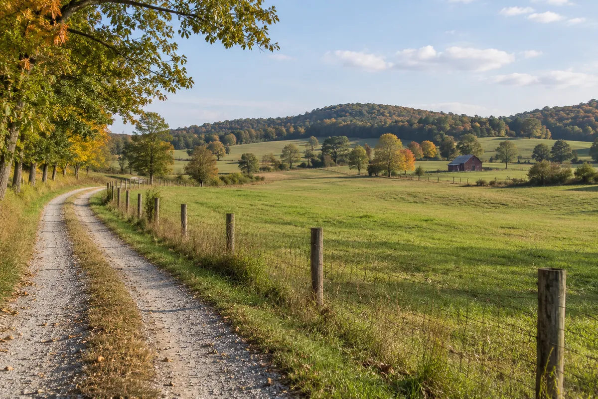 A gravel farm lane curves beside pasture, a fence and a distant barn