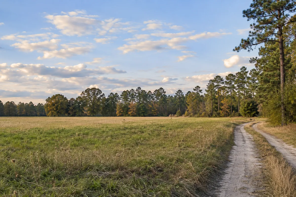Sandy track beside an open field and pine woods