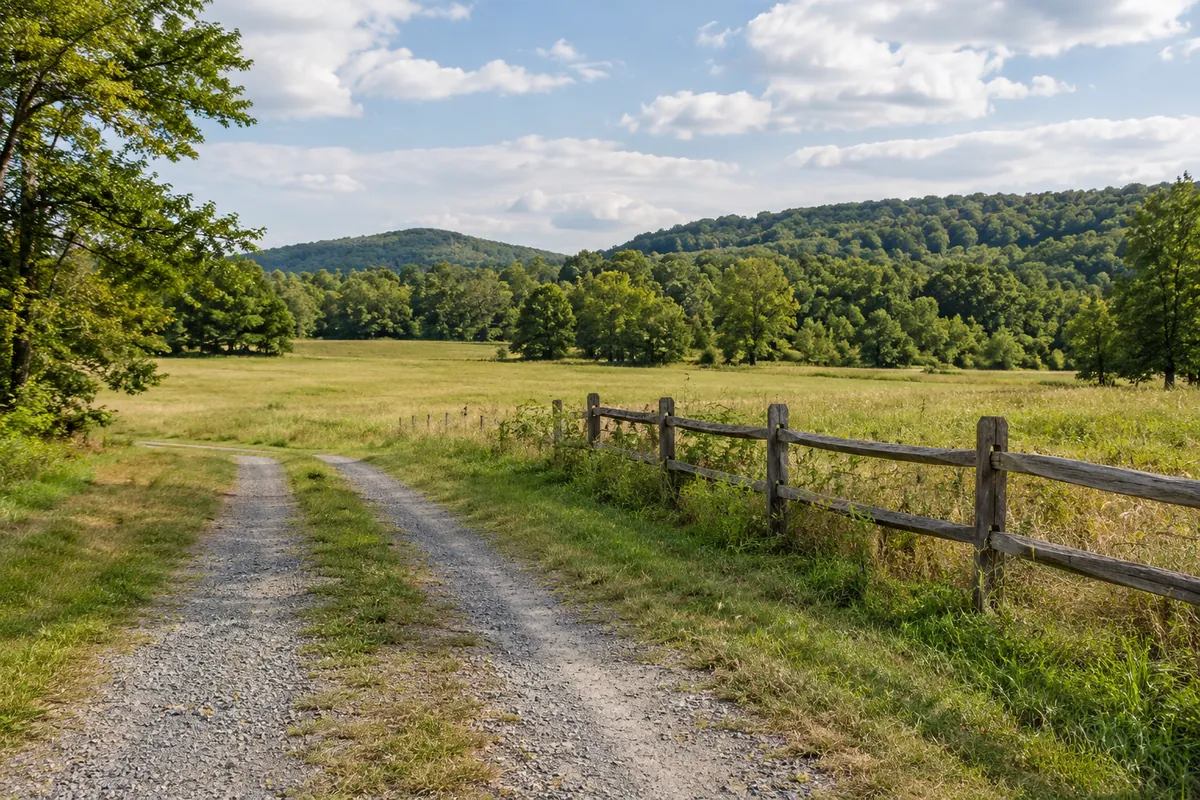 Gravel lane beside a wooden fence leading into an open meadow