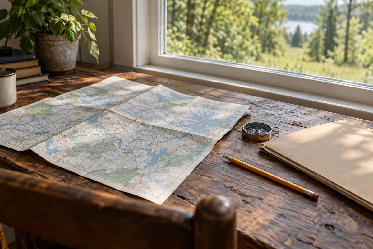 A folded map, compass and pencil on a wooden desk