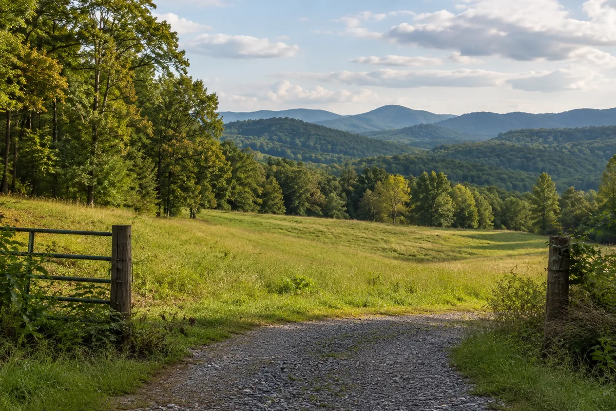 A grassy field with a gravel entrance, leafy trees and wooded foothills beyond
