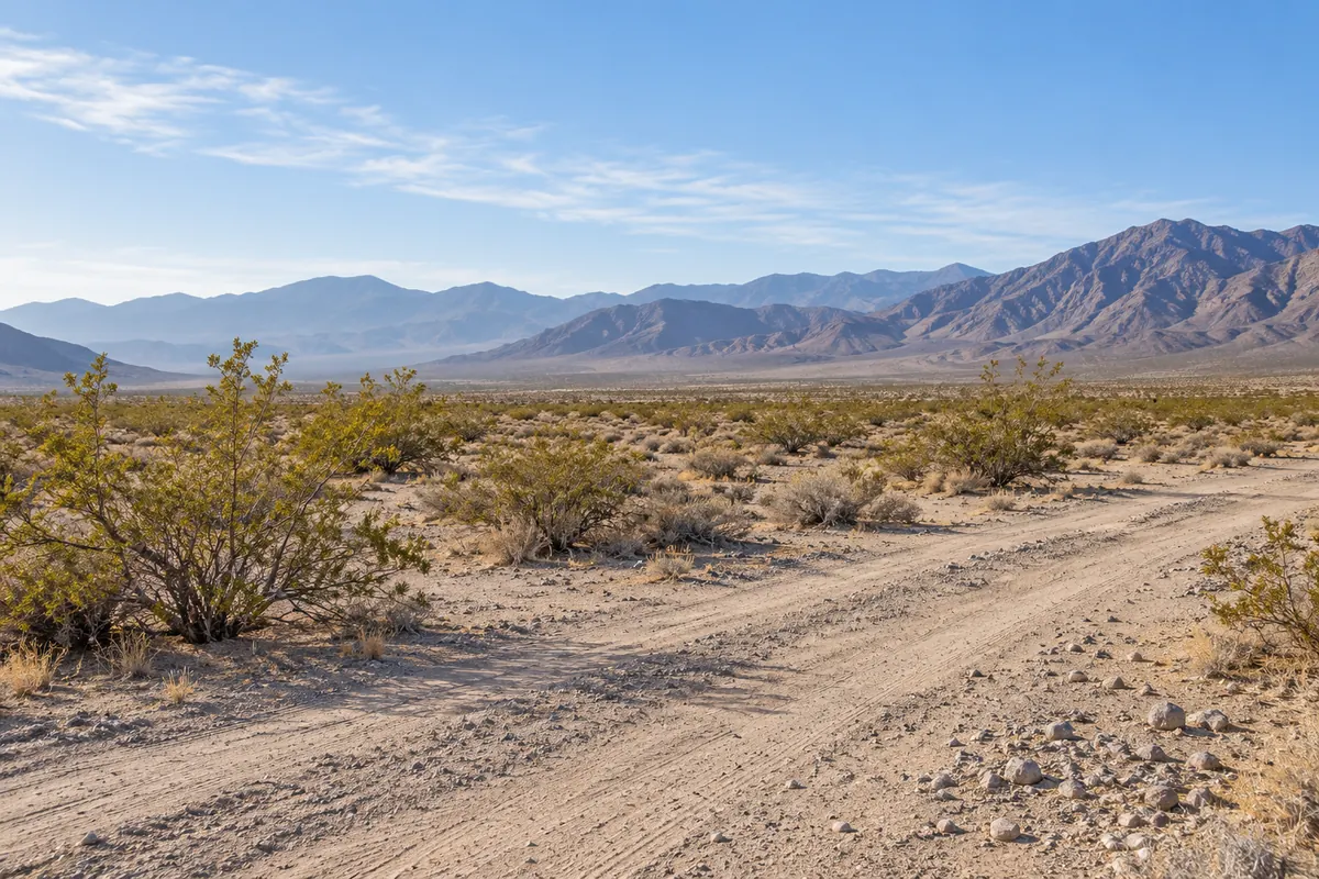 Sandy desert track through low shrubs with rocky mountains in the distance