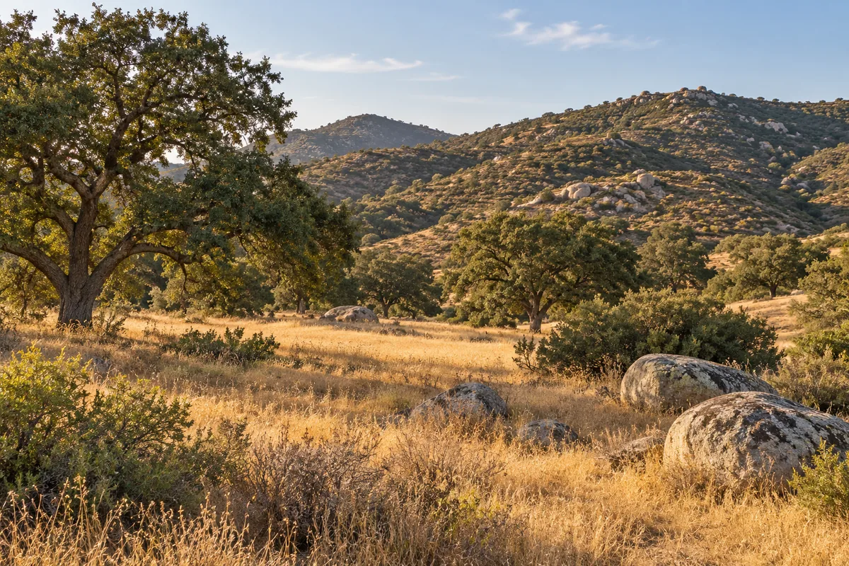 Golden grass and scattered oak trees sit below rounded chaparral hills in afternoon light