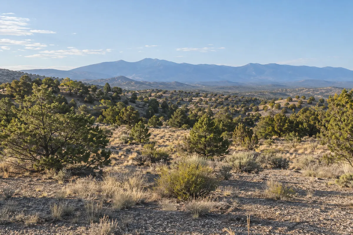 Dry grassy land with scattered pine and juniper trees below distant blue mountains