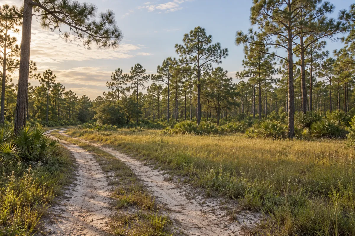 Sandy track beside open grass and pine woods in the Florida countryside