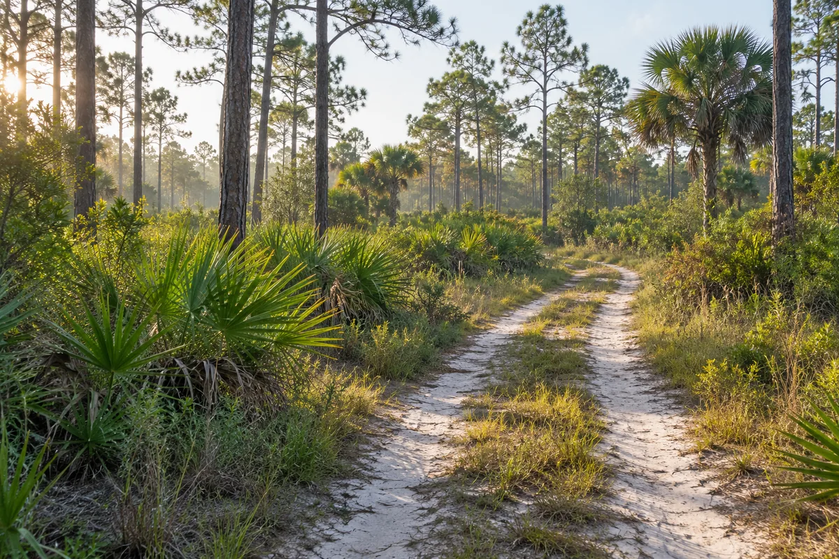 Pine trees and palmettos beside a sandy track in Florida flatwoods