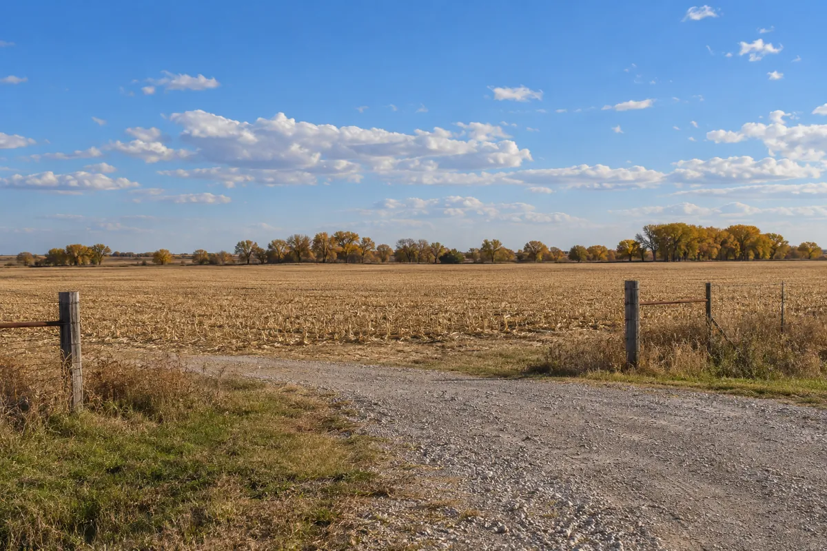 Flat prairie and farm ground beside a gravel entrance with trees on the horizon