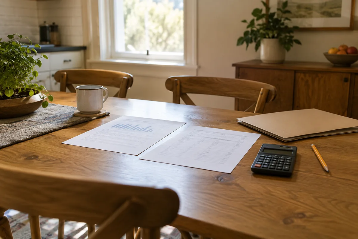 Offer papers, a calculator and a folder on a kitchen table