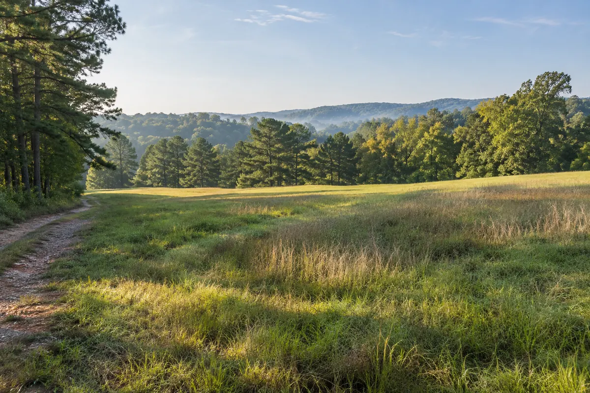An open grassy field slopes gently toward mixed pine and hardwood trees