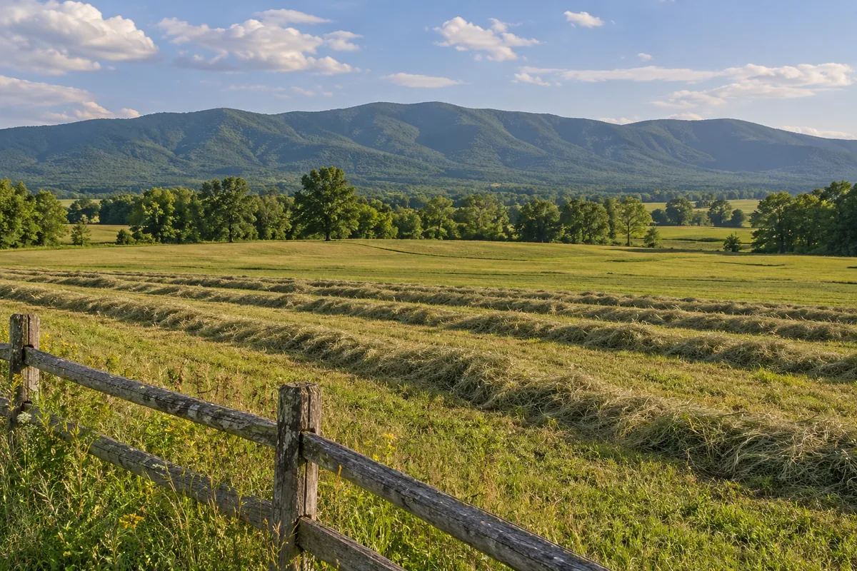 Hay windrows lie in an open Virginia valley meadow below a long wooded ridge