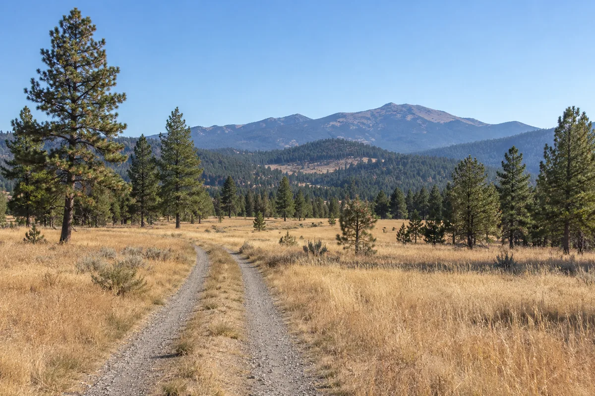 Gravel track through a dry meadow and pines with mountains beyond
