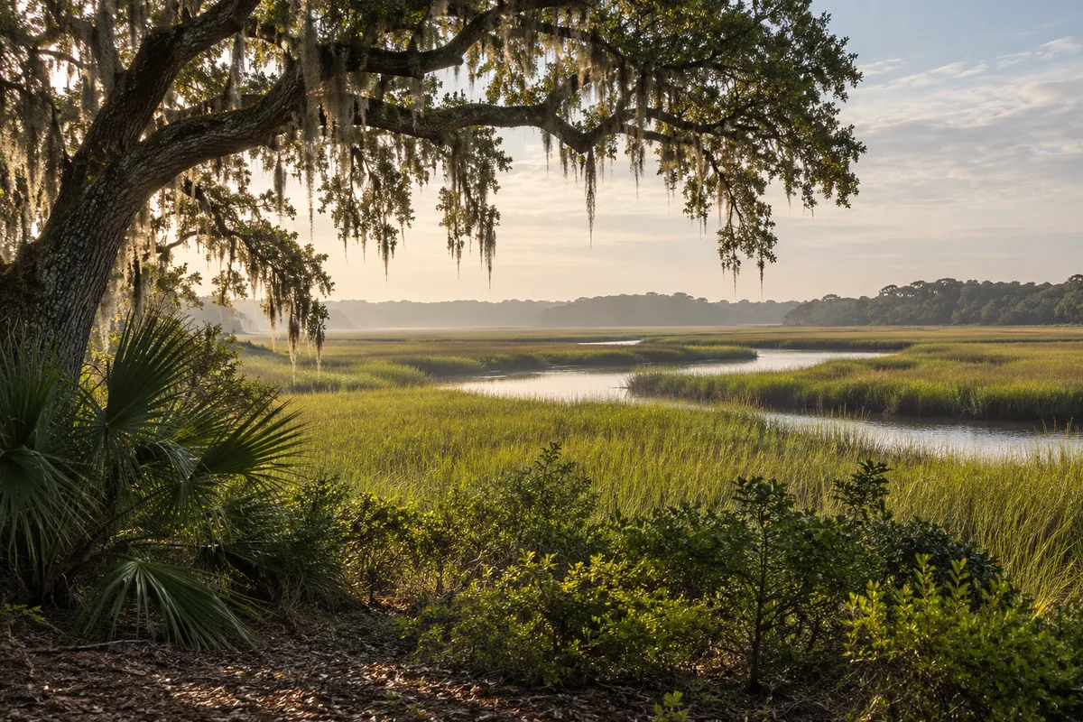 Spanish moss hangs from a live oak beside a winding tidal creek and salt marsh