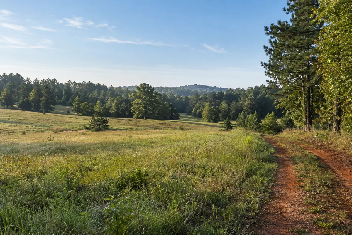 Rolling pasture beside pine trees and a red clay farm track