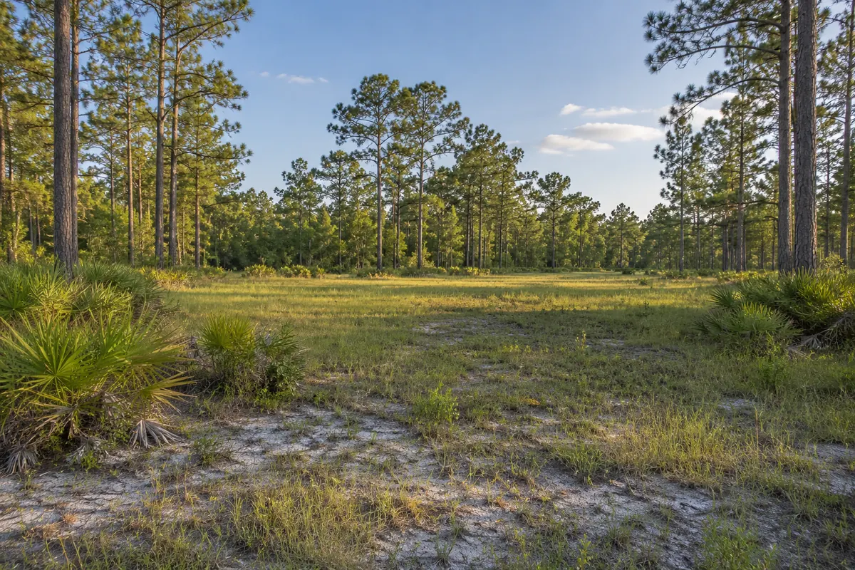 An open sandy clearing beside tall pine trees