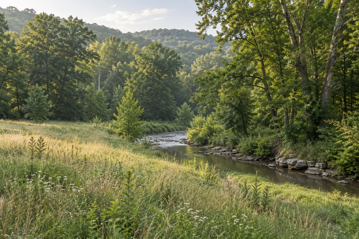 A grassy meadow meets a rocky creek below wooded ridges