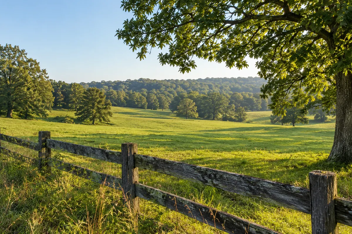 A wooden fence and oak tree beside rolling pasture in south-central Kentucky