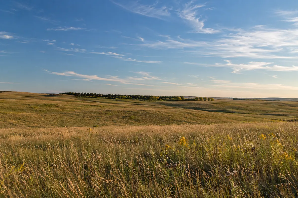 Open prairie with golden grass and a distant shelterbelt