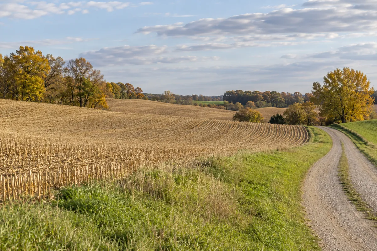 A gravel lane beside harvested fields and autumn trees in southern Minnesota