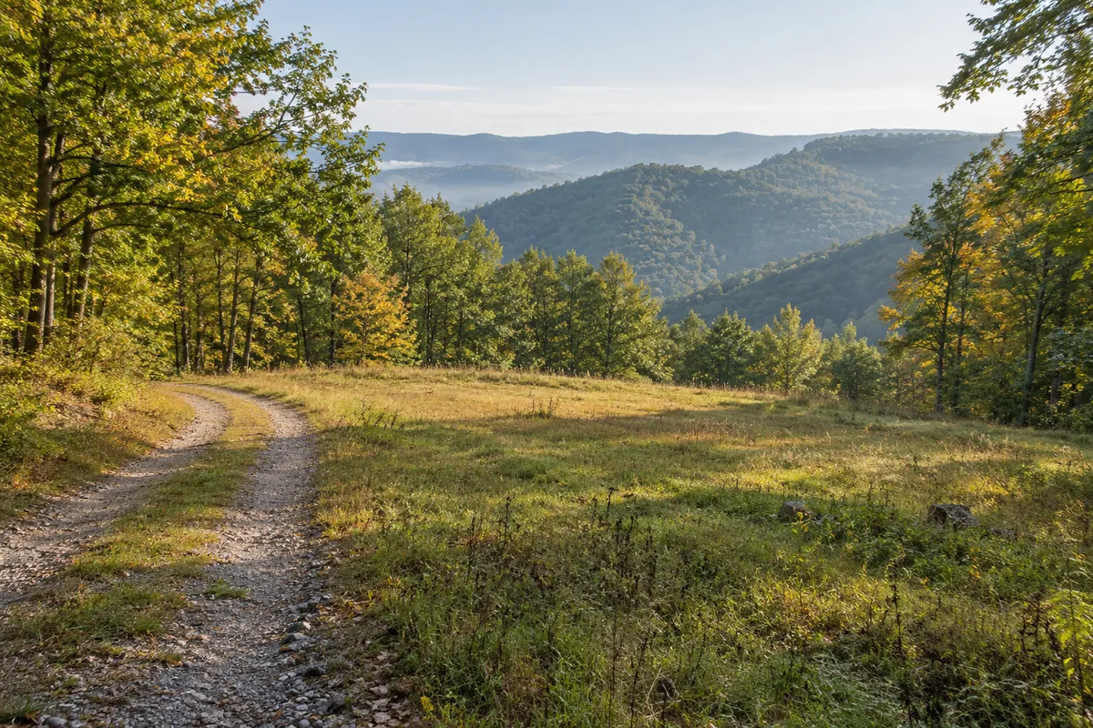 Grassy hillside clearing beside a gravel track, with wooded Appalachian ridges beyond