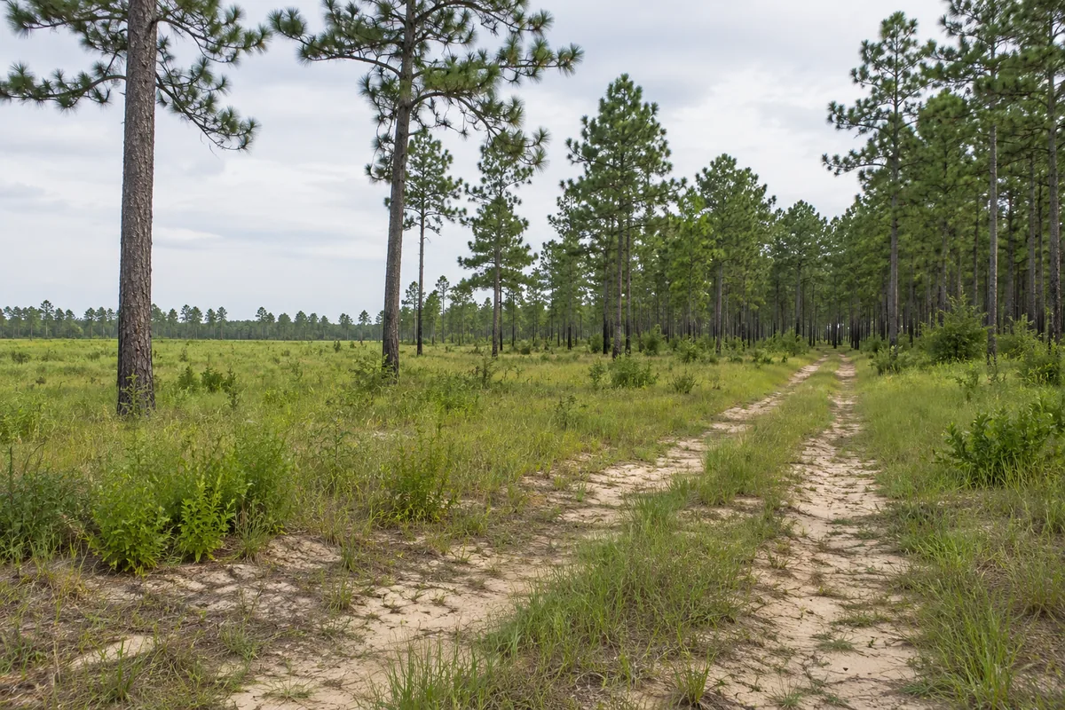 Sandy track beside open ground and pine woods
